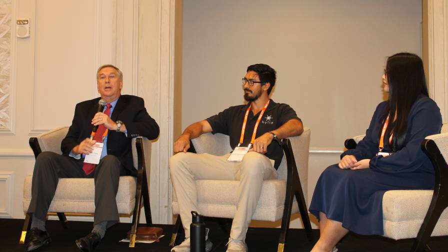 From left: The panel for the session "Advancements in Formulation with Drone Applications" included Scott Tann, North America Business Manager at Lamberti USA, Arthur Erickson, CEO and Co-Founder of Hylio, Inc., and Dr. Piyatida Pukclai, Regulatory Policy Manager at Knoell,