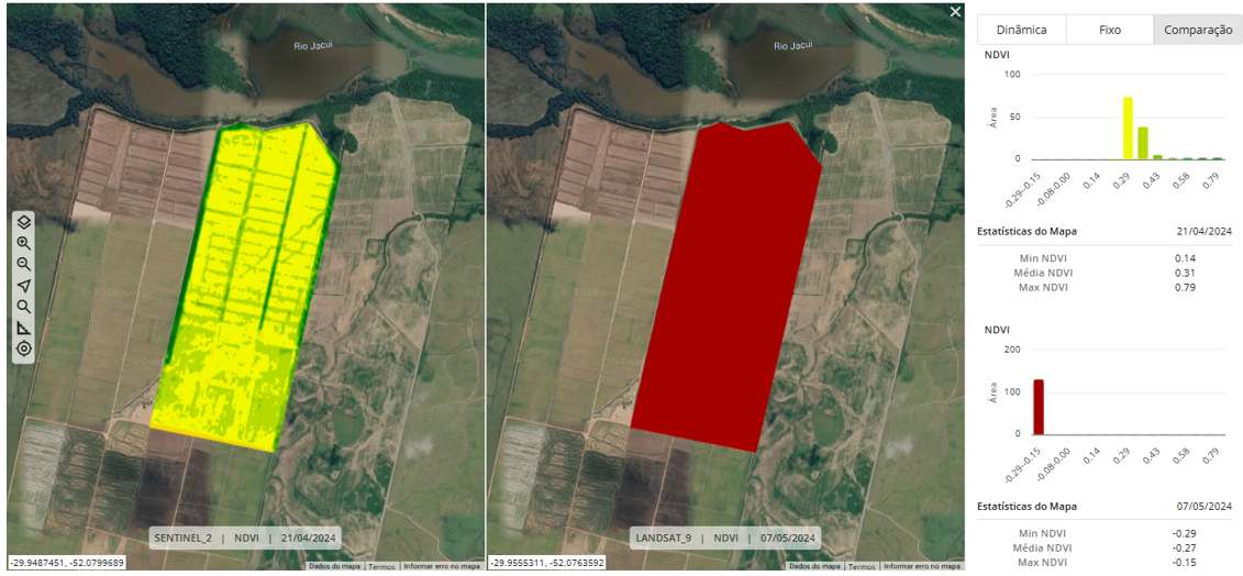 Image shows the heterogeneous state of the field with healthy development before the flood event and the complete loss after it . Source: EarthDaily analysis